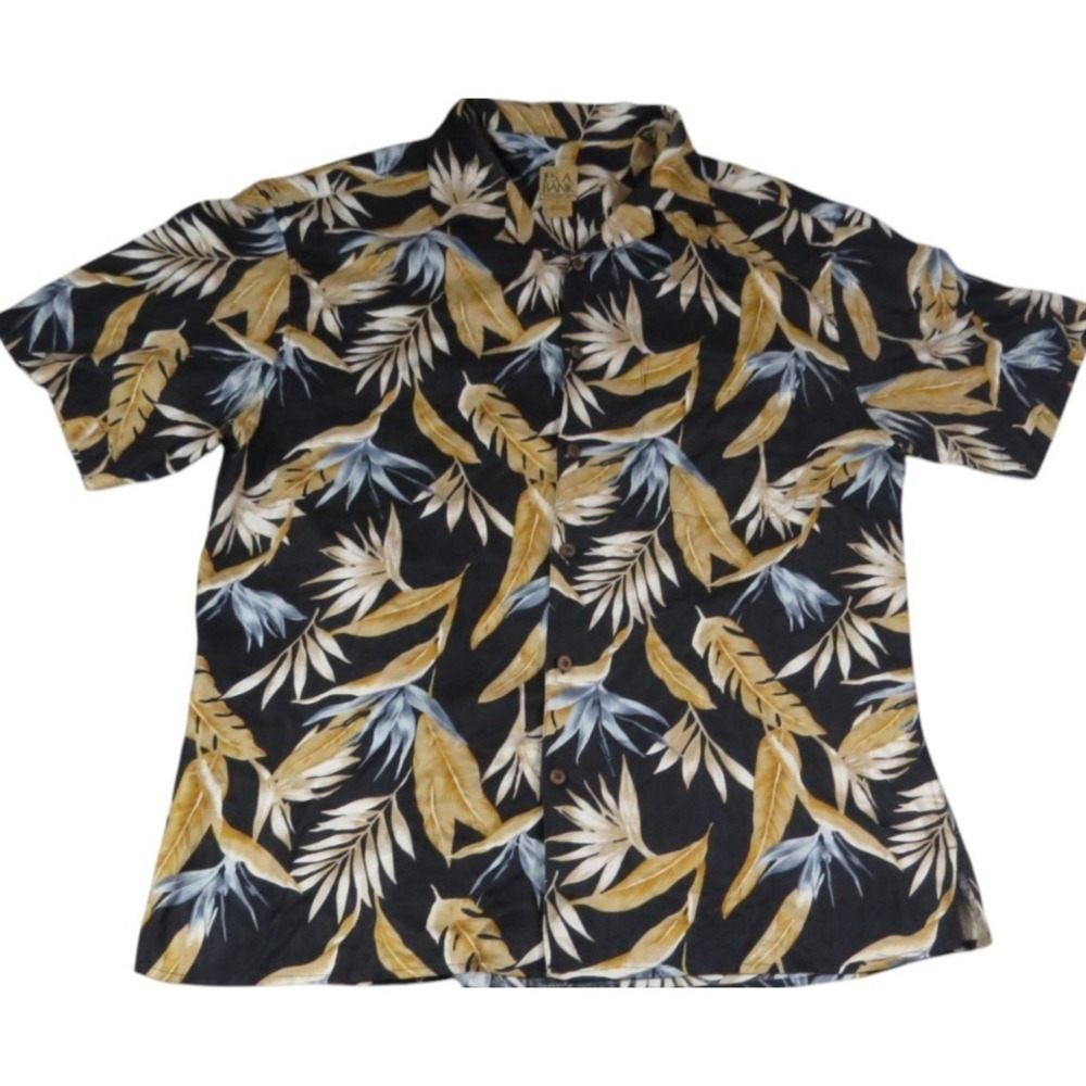 Jos. A. Bank Hawaiian Shirt Mens L Black Silk Gold Bird of Paradise Button‎ Up